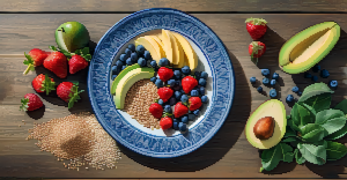 A colorful plate filled with fresh fruits, leafy greens, whole grains, and avocado, illuminated by natural sunlight.