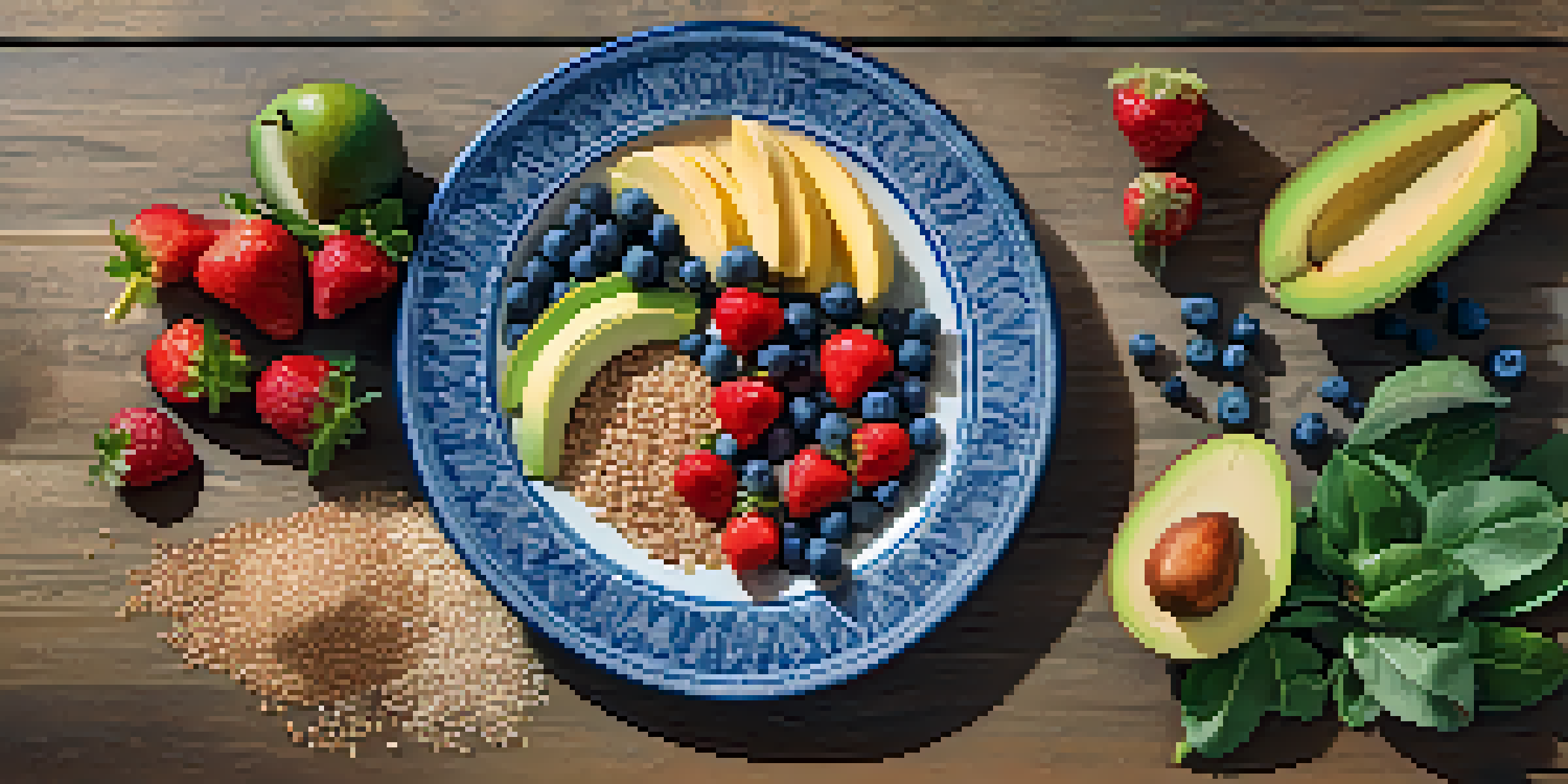 A colorful plate filled with fresh fruits, leafy greens, whole grains, and avocado, illuminated by natural sunlight.