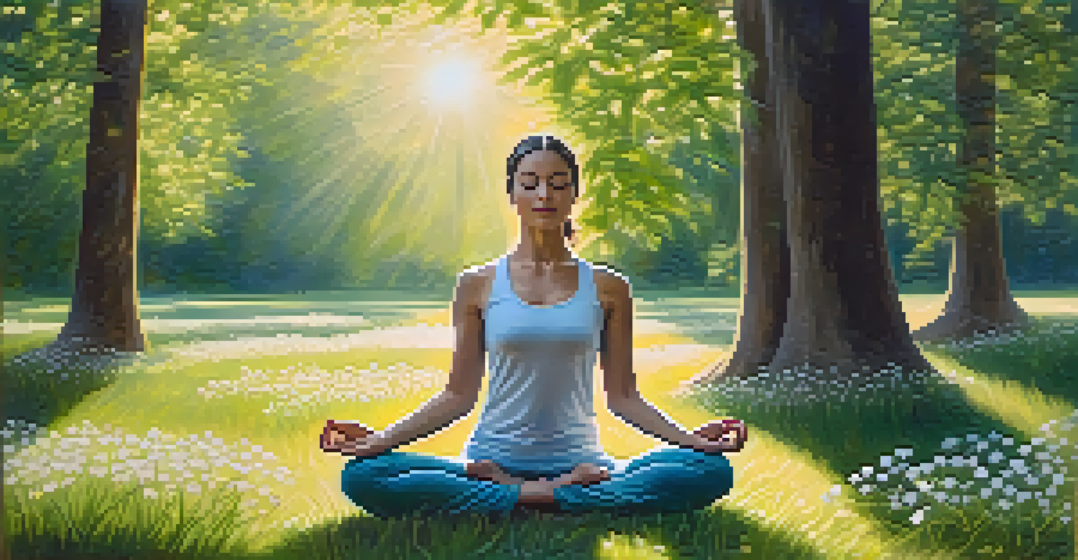 A person practicing yoga outdoors in a tranquil setting, surrounded by nature and soft sunlight.