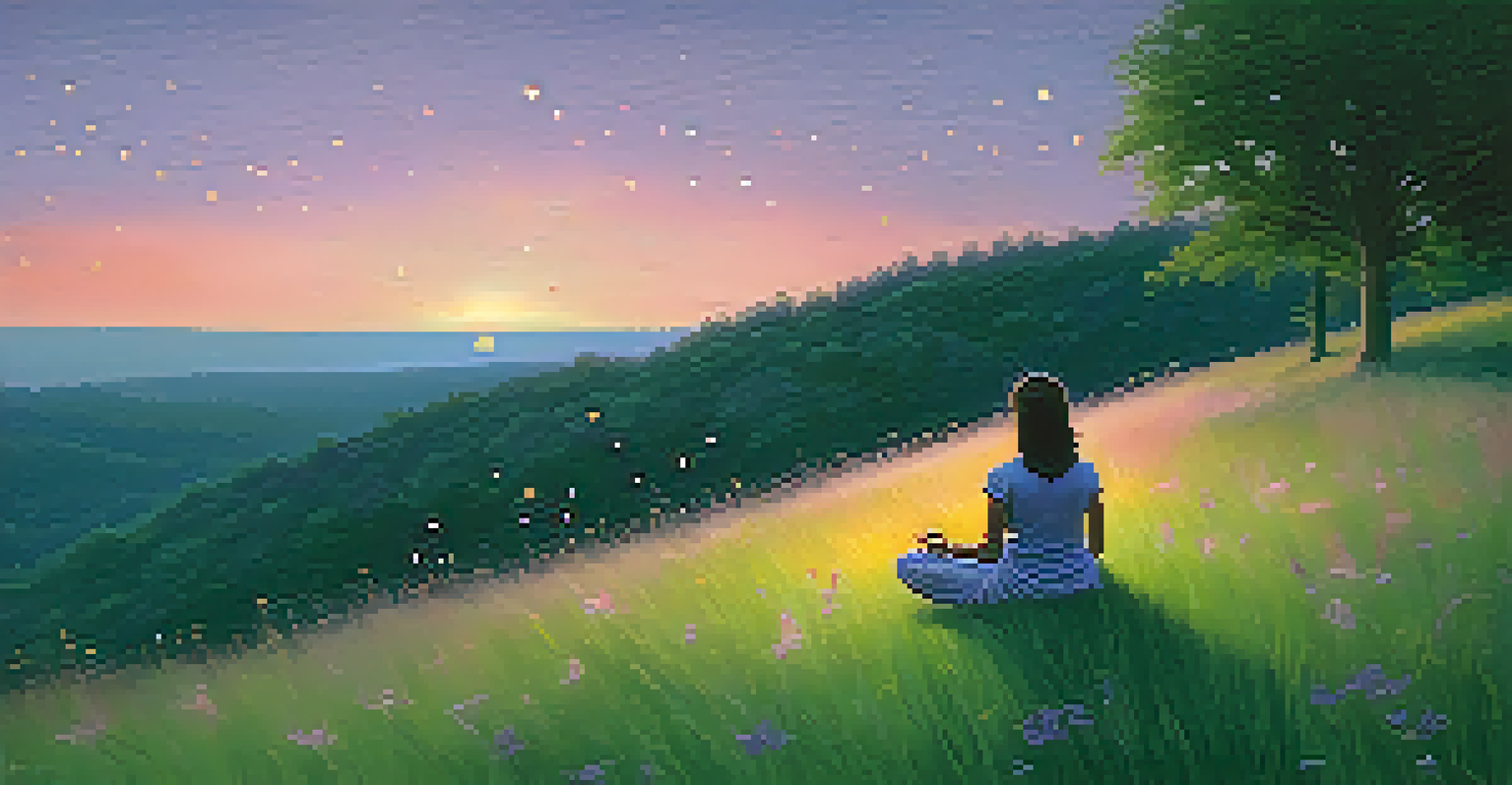 A person meditating on a grassy hill at twilight, surrounded by glowing fireflies and a sunset sky, representing relaxation and stress reduction.