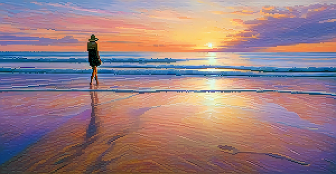 A person standing on the beach at sunset, observing the horizon with calm waves washing over their feet.