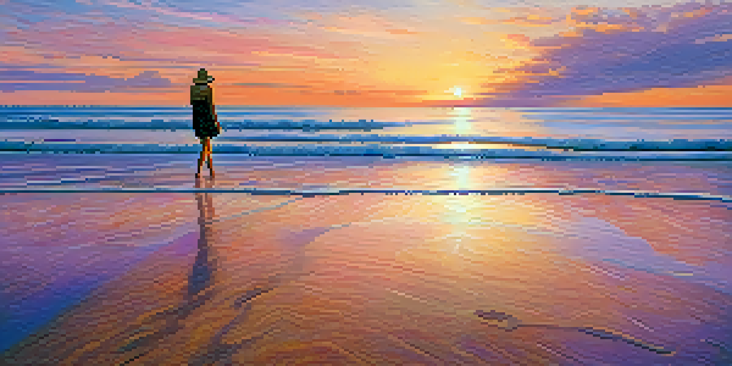 A person standing on the beach at sunset, observing the horizon with calm waves washing over their feet.