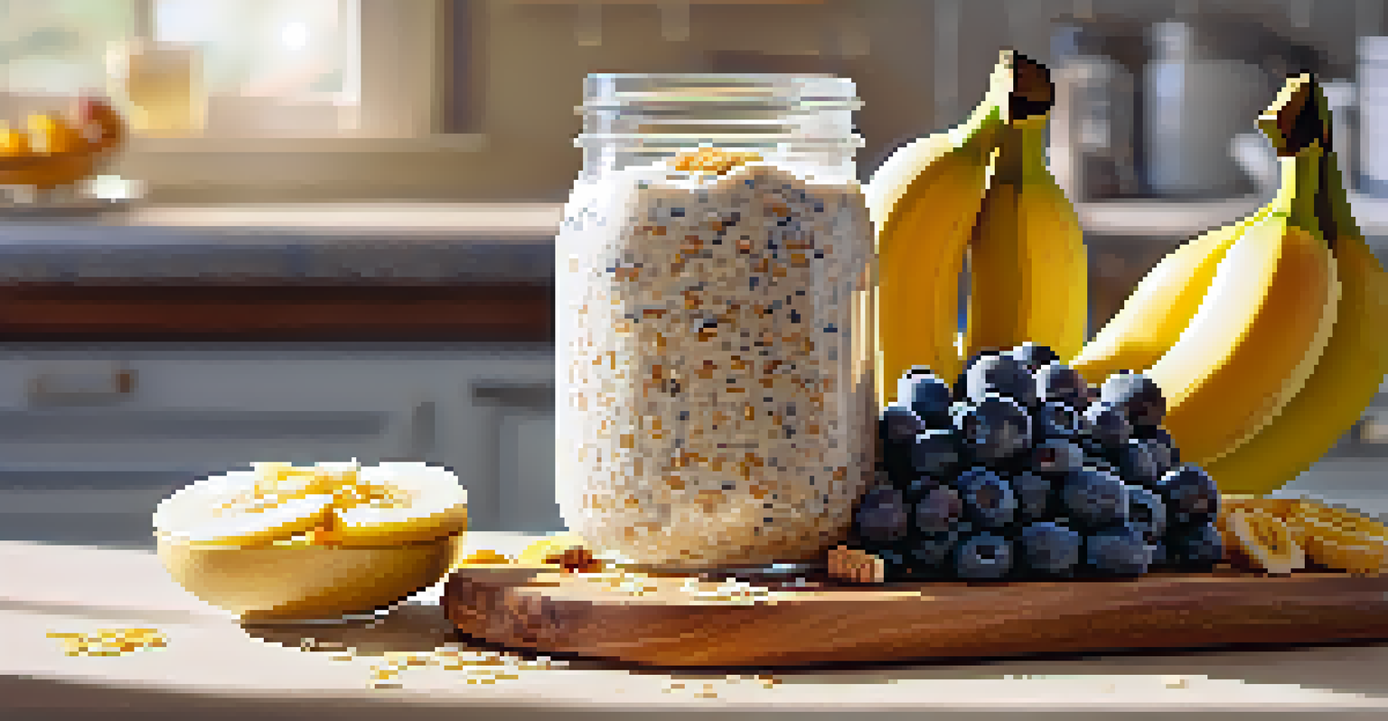 A jar of overnight oats topped with fruits and honey, placed on a kitchen counter with scattered ingredients around it.