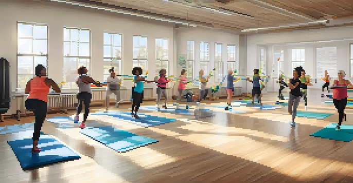 A fitness class with a diverse group of people of different ages and abilities using resistance bands and adjustable weights, smiling and interacting in a bright room.