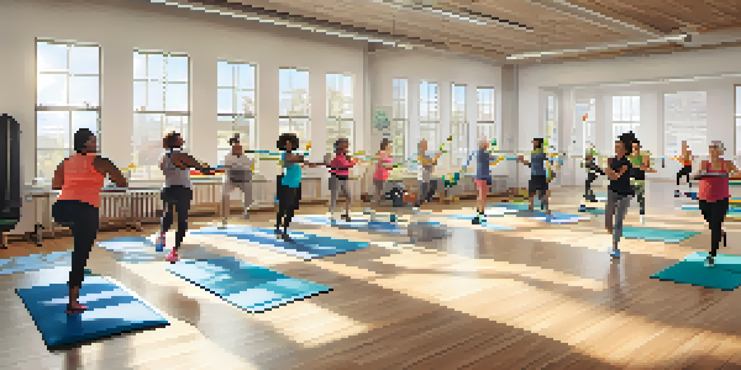 A fitness class with a diverse group of people of different ages and abilities using resistance bands and adjustable weights, smiling and interacting in a bright room.