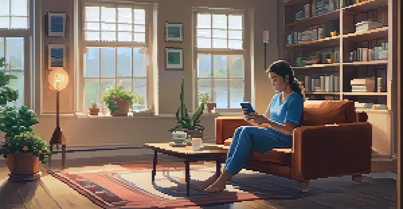 A person using a health app on their smartphone in a cozy living room, showcasing health tracking features on the screen.