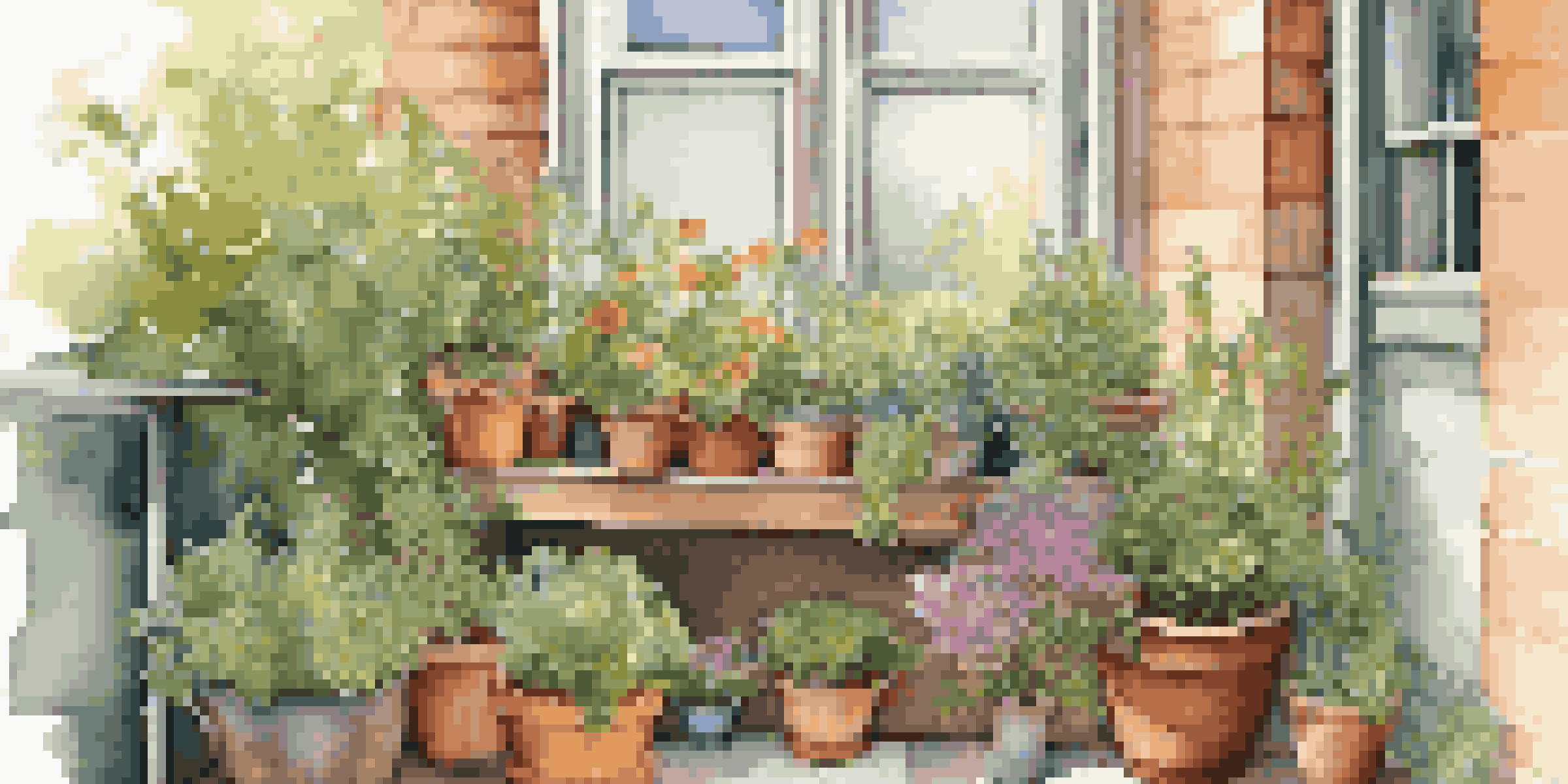 A vibrant urban balcony garden with pots of herbs and flowers, featuring a sunny atmosphere and a cozy chair.