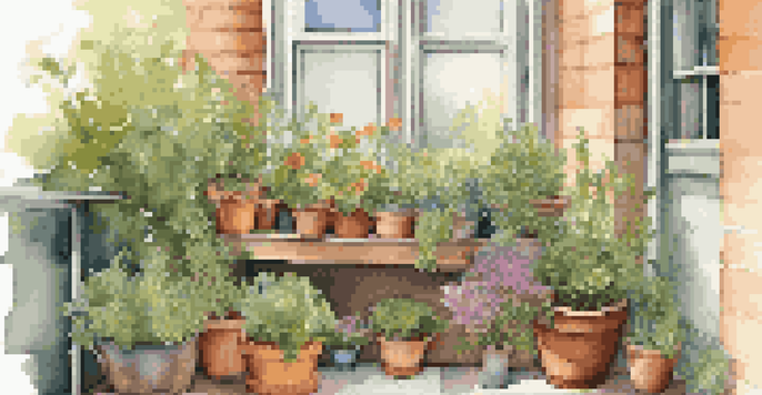 A vibrant urban balcony garden with pots of herbs and flowers, featuring a sunny atmosphere and a cozy chair.