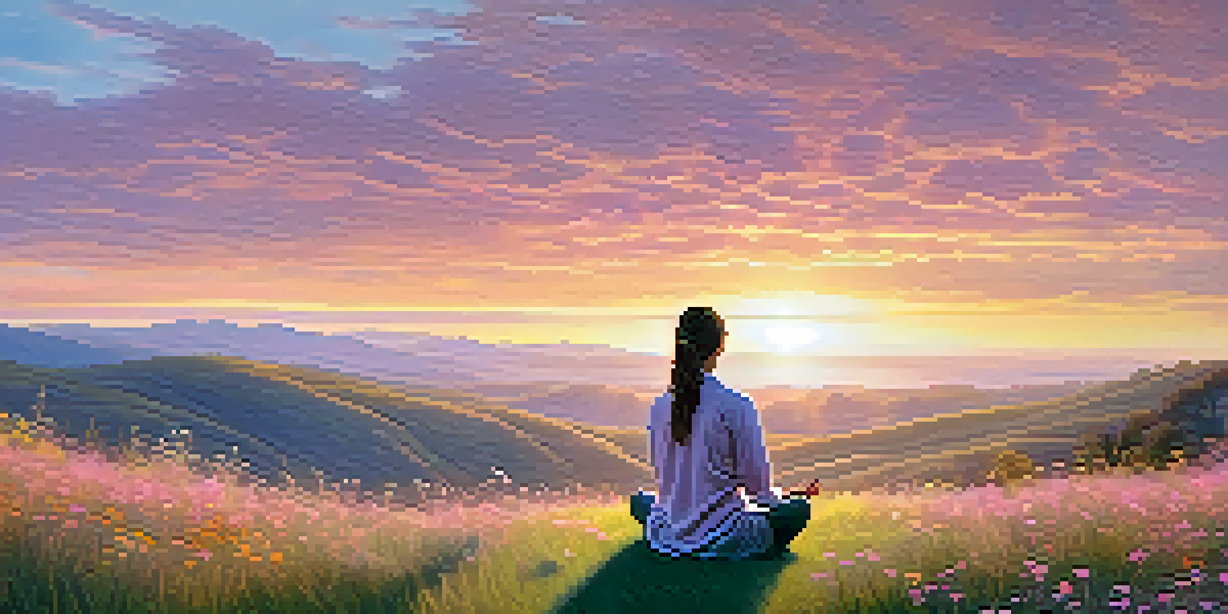 A person meditating on a hilltop during sunrise, surrounded by wildflowers and gentle hills, conveying a sense of peace and mindfulness.