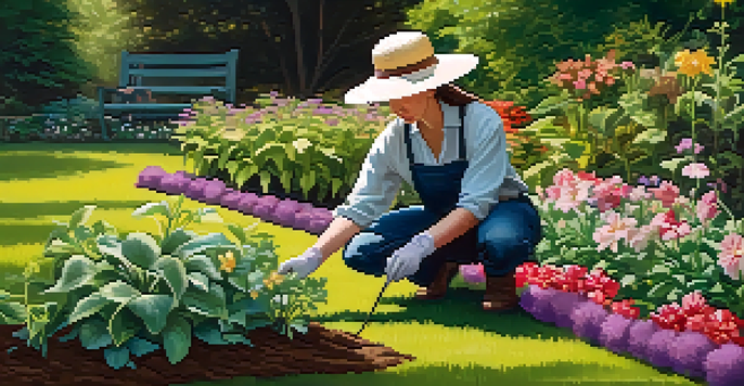 A gardener planting seedlings in a vibrant flower garden under soft sunlight.