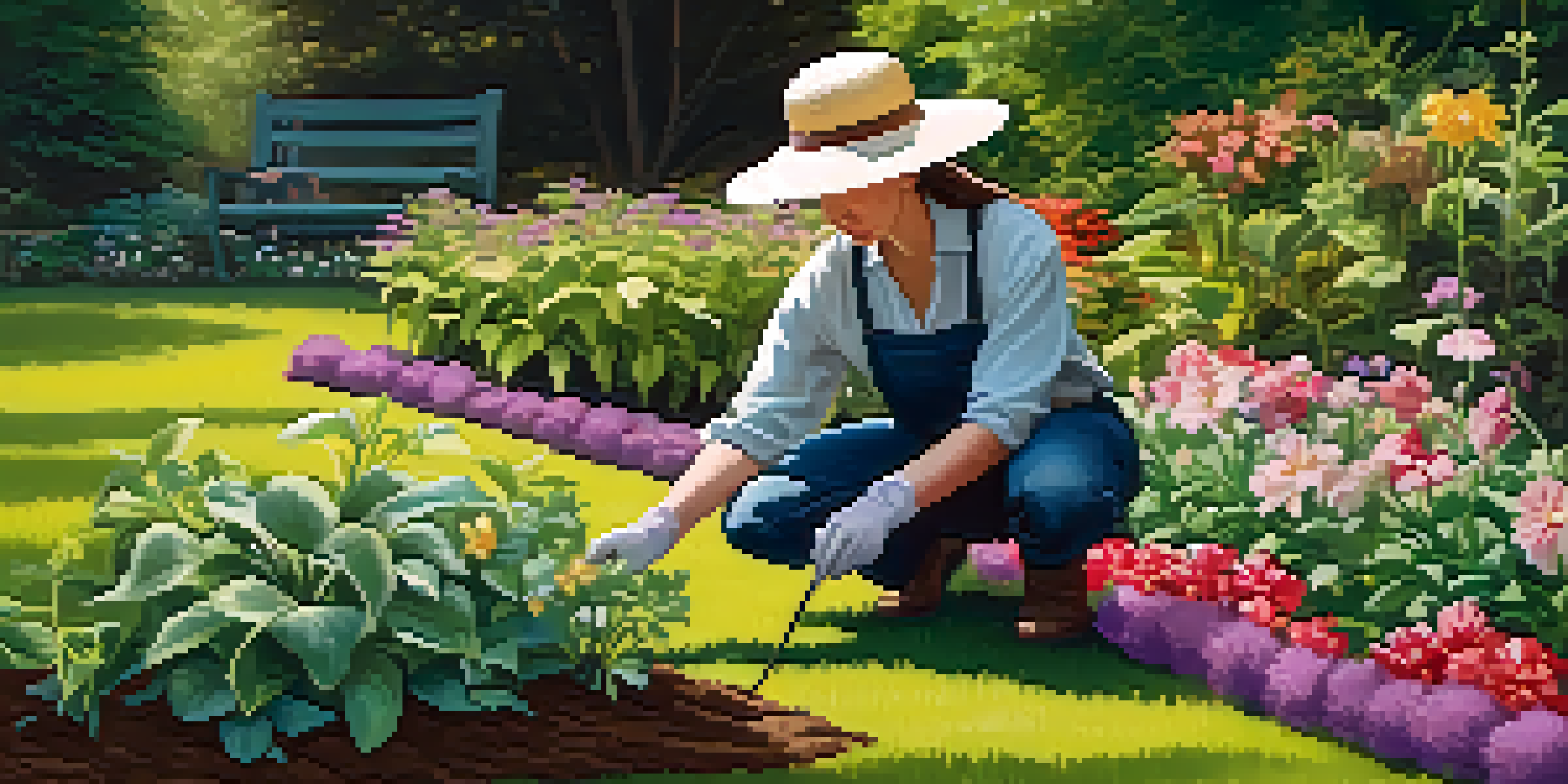 A gardener planting seedlings in a vibrant flower garden under soft sunlight.
