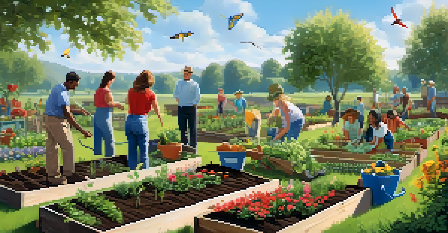 A community gardening event with people planting flowers and vegetables in a sunny landscape with trees and a blue sky.