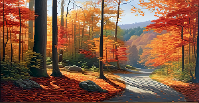 A tranquil forest in autumn with sunlight filtering through colorful leaves and a winding path.