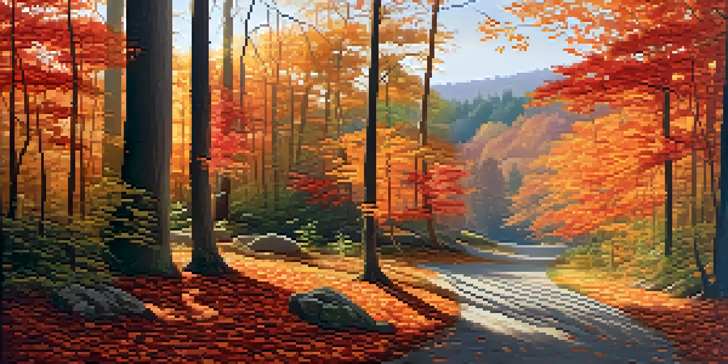A tranquil forest in autumn with sunlight filtering through colorful leaves and a winding path.