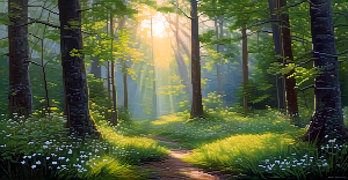 A peaceful forest with sunlight shining through leaves, wildflowers at the ground, and birds on branches, evoking a tranquil mood.