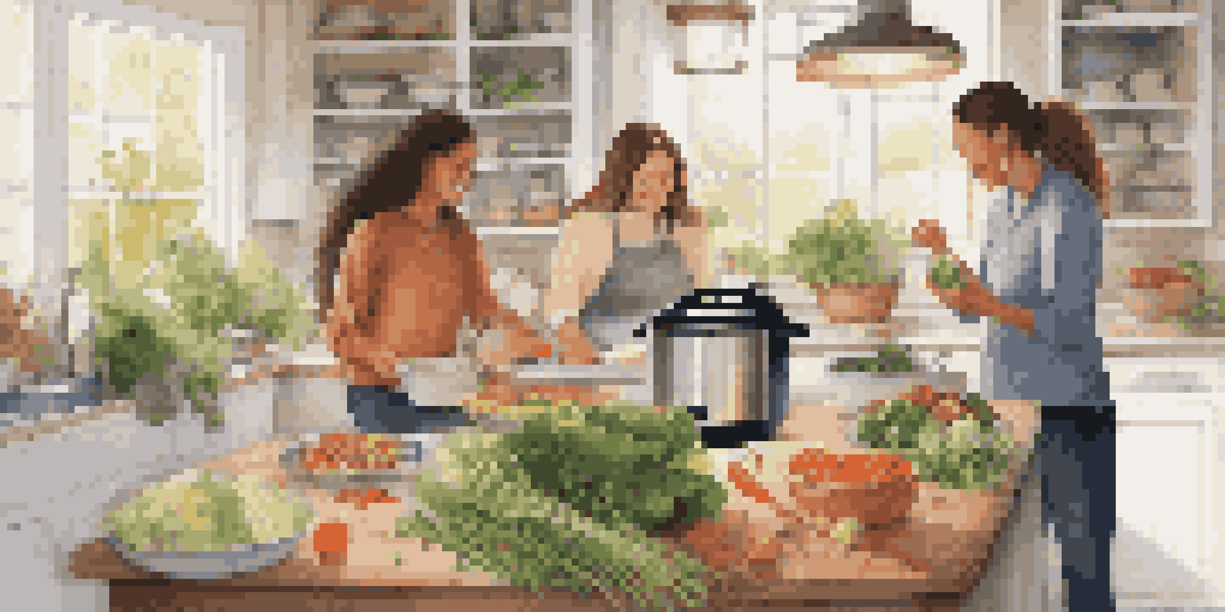 A warm kitchen with an Instant Pot and fresh ingredients, a family enjoying a meal at the dining table.