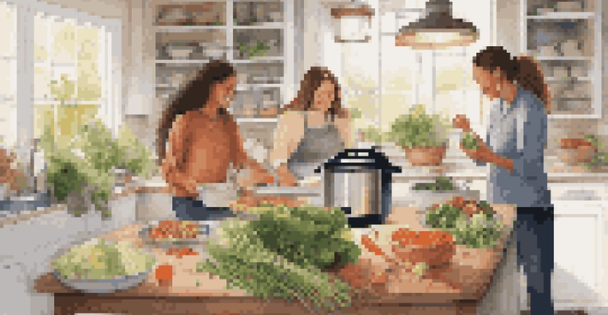 A warm kitchen with an Instant Pot and fresh ingredients, a family enjoying a meal at the dining table.