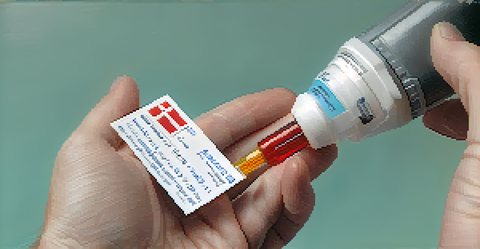 A close-up of an epinephrine auto-injector with an instruction card in the background.