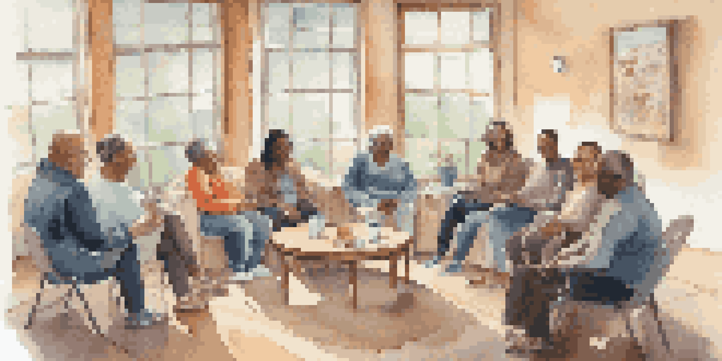 A cozy support group meeting with diverse participants sharing experiences, surrounded by soft lighting and motivational posters.
