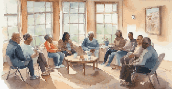 A cozy support group meeting with diverse participants sharing experiences, surrounded by soft lighting and motivational posters.