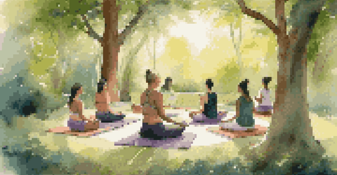 A peaceful scene of individuals engaged in sound healing at a retreat, surrounded by nature and soft sunlight.