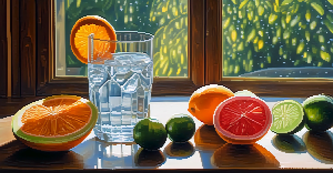 A glass of cold water surrounded by fresh fruits on a wooden table with sunlight streaming in.