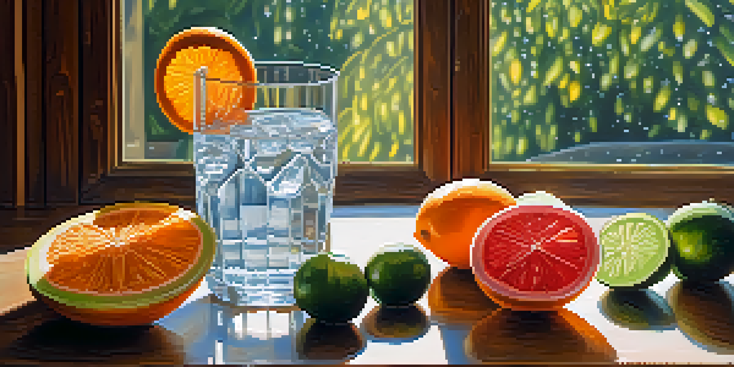 A glass of cold water surrounded by fresh fruits on a wooden table with sunlight streaming in.