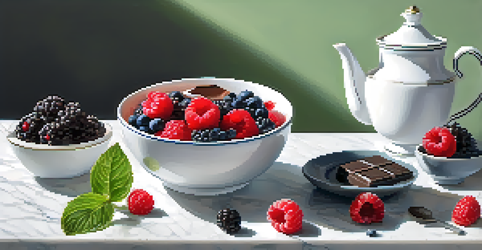 An arrangement of berries, green tea, and dark chocolate on a marble countertop, highlighting antioxidant-rich foods.