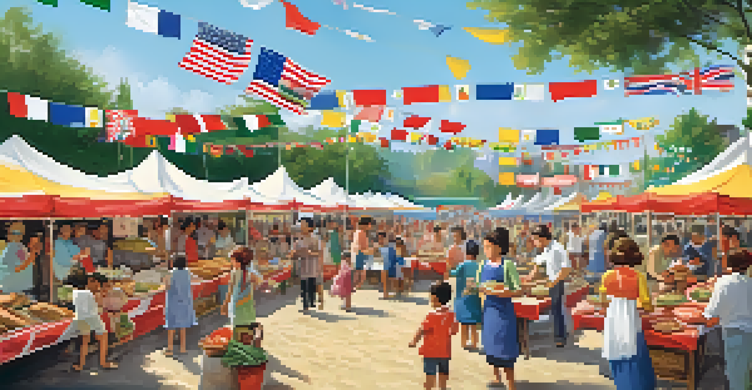 Families enjoying a vibrant food festival, sampling diverse cultural cuisines and engaging in cooking demonstrations.