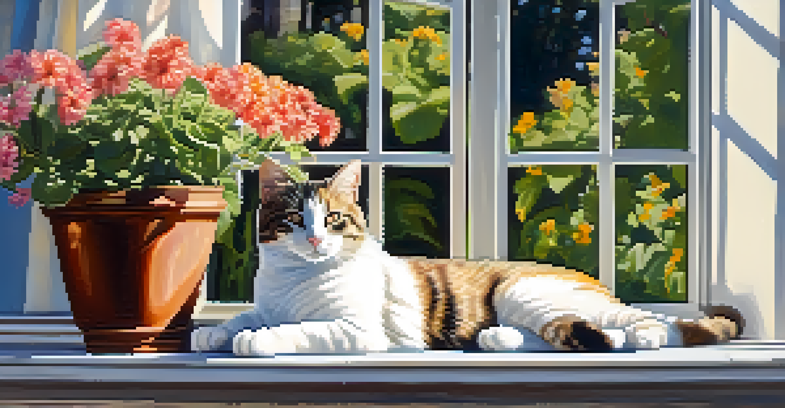 A cat lounging on a sunny windowsill with flowers and a garden visible outside.