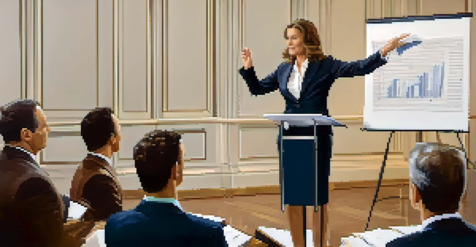 A confident woman presenting to an engaged audience in a modern setting.