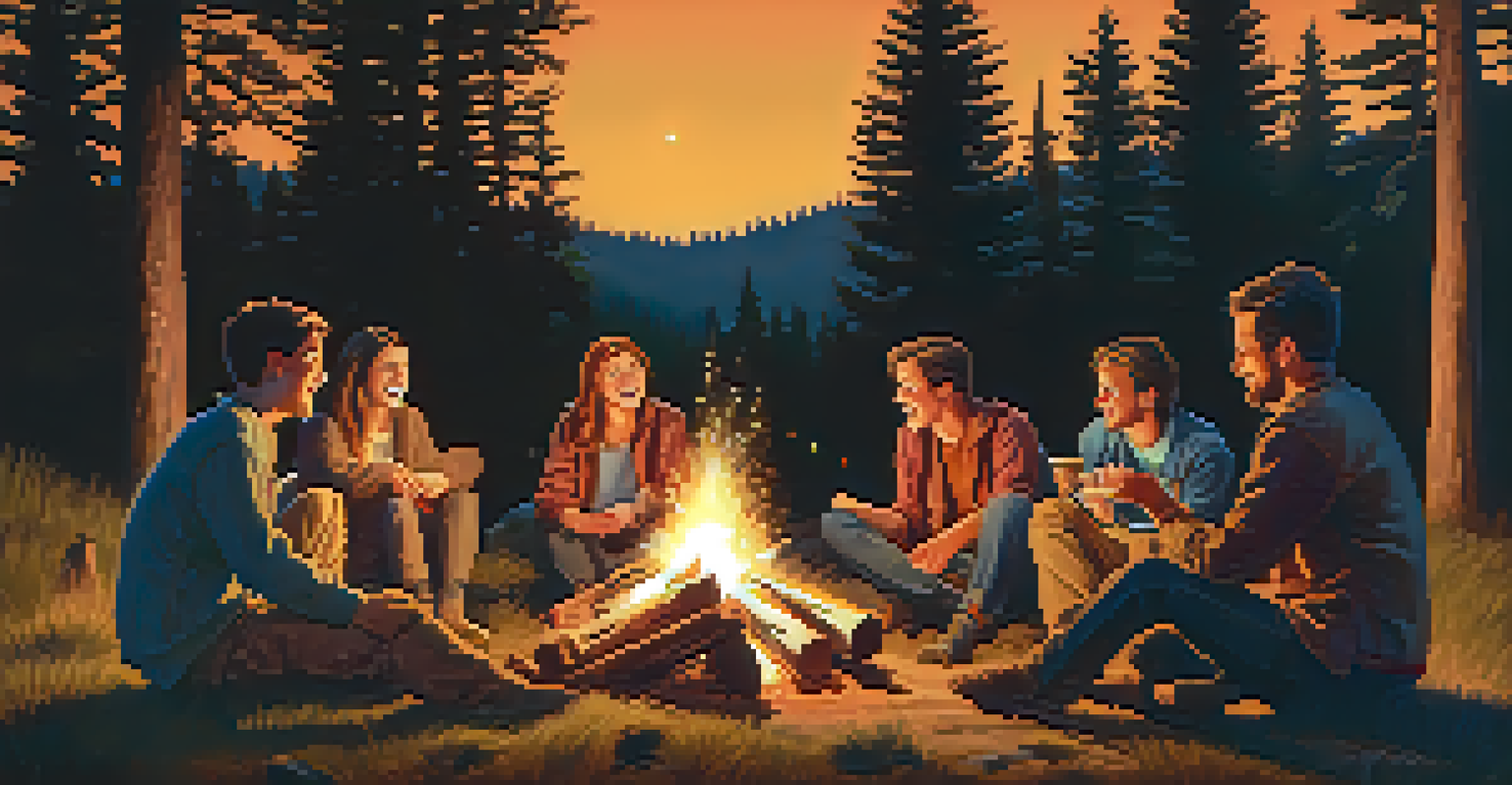 A group of friends sitting around a campfire in a forest at night, surrounded by trees and a starry sky.
