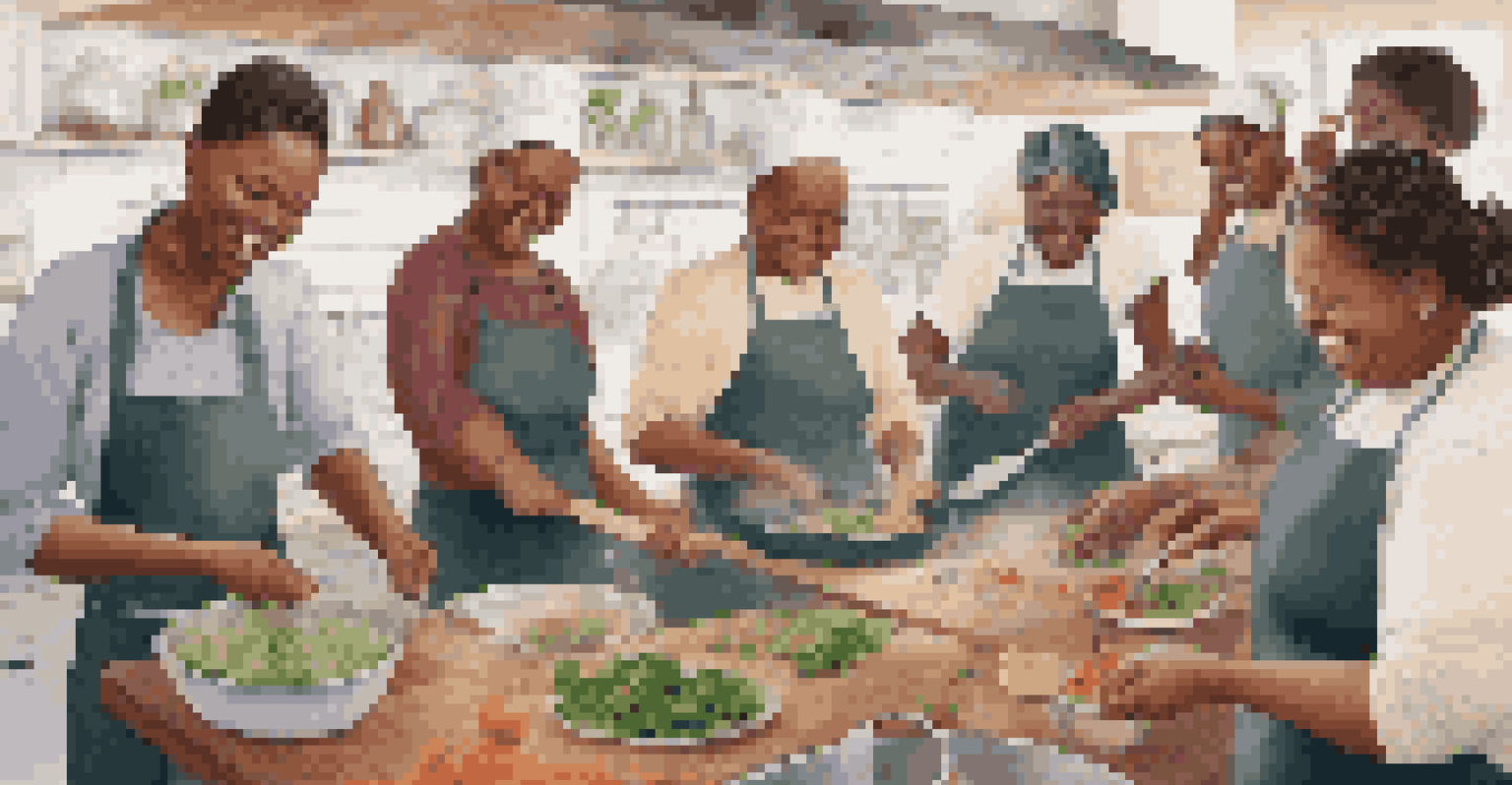 A diverse group of people participating in a community cooking class, preparing meals together.