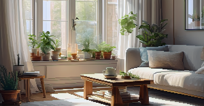A cozy corner of a home with soft light, cushions, plants, and a cup of herbal tea, creating a relaxing atmosphere.