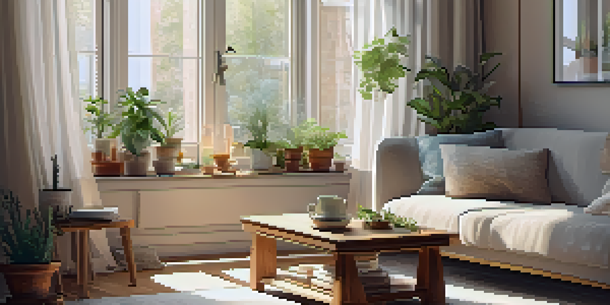 A cozy corner of a home with soft light, cushions, plants, and a cup of herbal tea, creating a relaxing atmosphere.