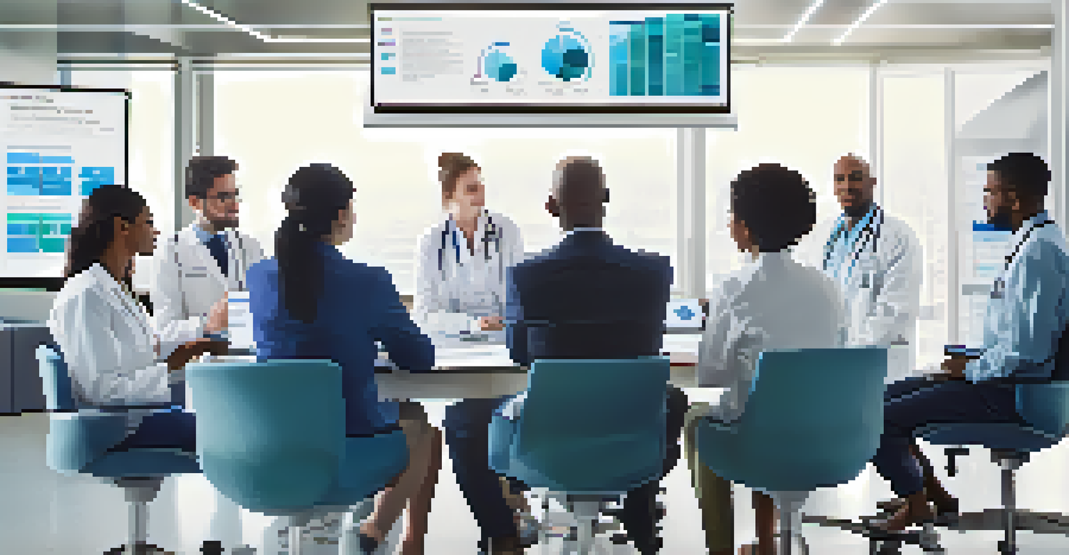 A group of healthcare professionals collaborating over patient data on a large screen in a modern conference room filled with technology.