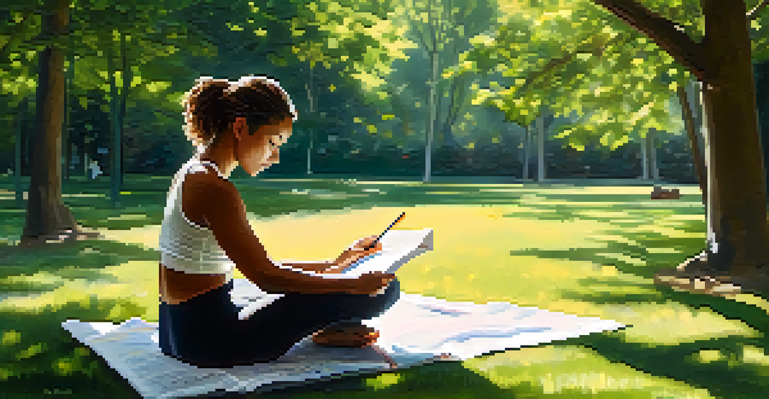 An athlete journaling in a serene park as part of her rehabilitation process.
