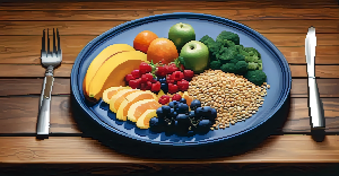 A colorful plate of healthy food including fruits, vegetables, grains, and proteins on a wooden table with natural lighting.