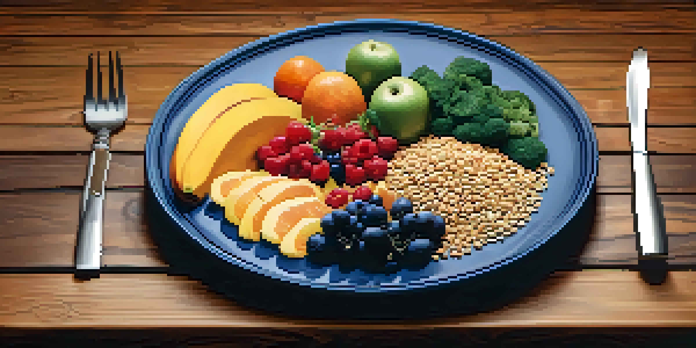 A colorful plate of healthy food including fruits, vegetables, grains, and proteins on a wooden table with natural lighting.