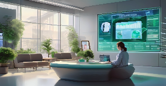 A healthcare professional using a tablet with holographic health metrics around them in a modern clinic.