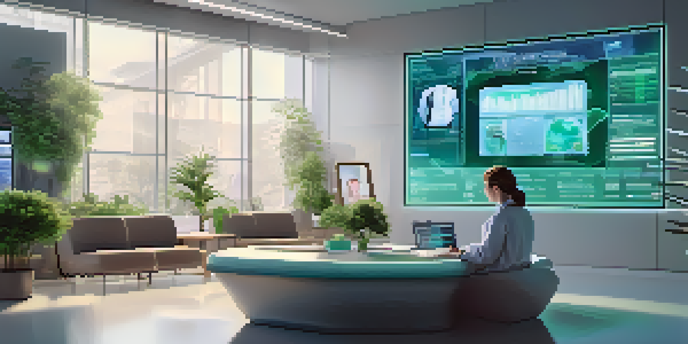 A healthcare professional using a tablet with holographic health metrics around them in a modern clinic.