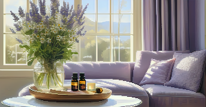 A cozy living room with a diffuser releasing lavender and chamomile essential oils, warm lighting, and soft furnishings.