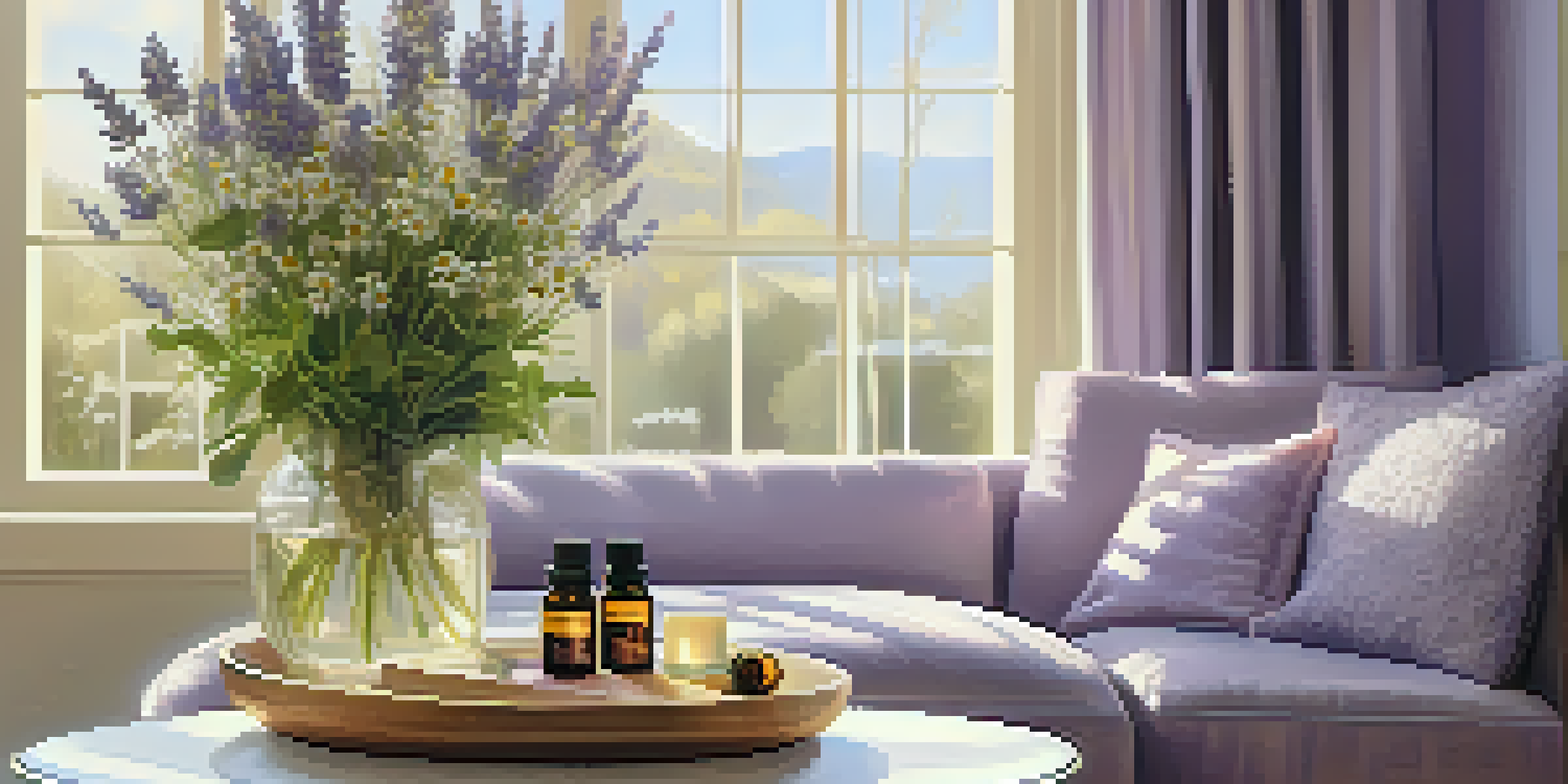 A cozy living room with a diffuser releasing lavender and chamomile essential oils, warm lighting, and soft furnishings.