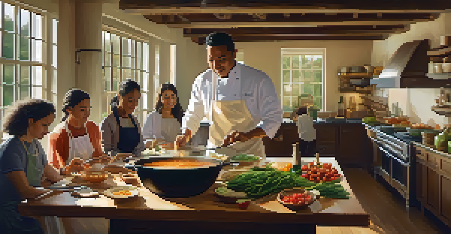A chef demonstrating a cooking lesson with attendees watching closely in a warm, inviting kitchen.