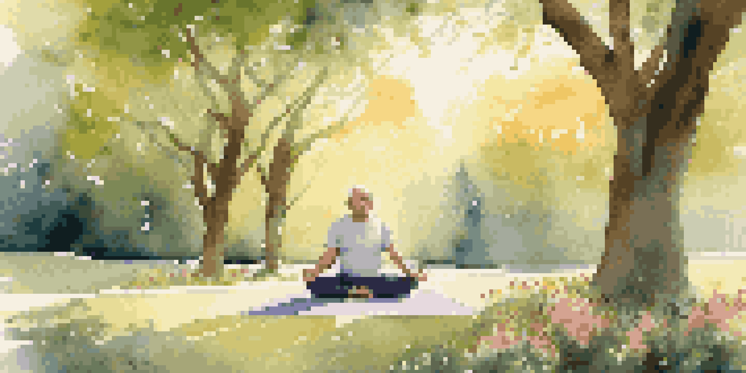 An older man practicing yoga in a park at sunrise, surrounded by greenery and flowers, with sunlight filtering through the trees.