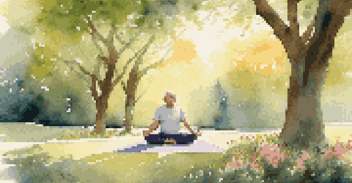 An older man practicing yoga in a park at sunrise, surrounded by greenery and flowers, with sunlight filtering through the trees.