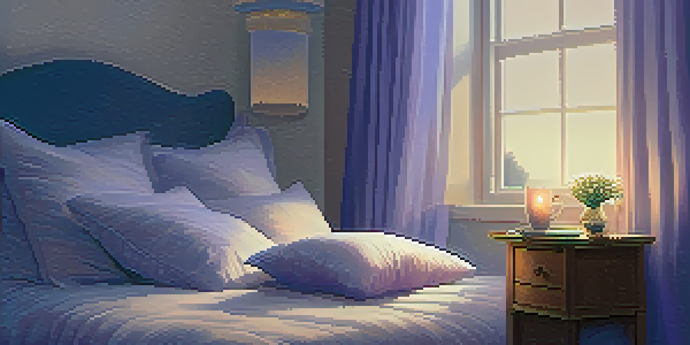 A cozy bedroom with soft lighting, a made bed, a candle, and a cup of tea, creating a relaxing atmosphere.