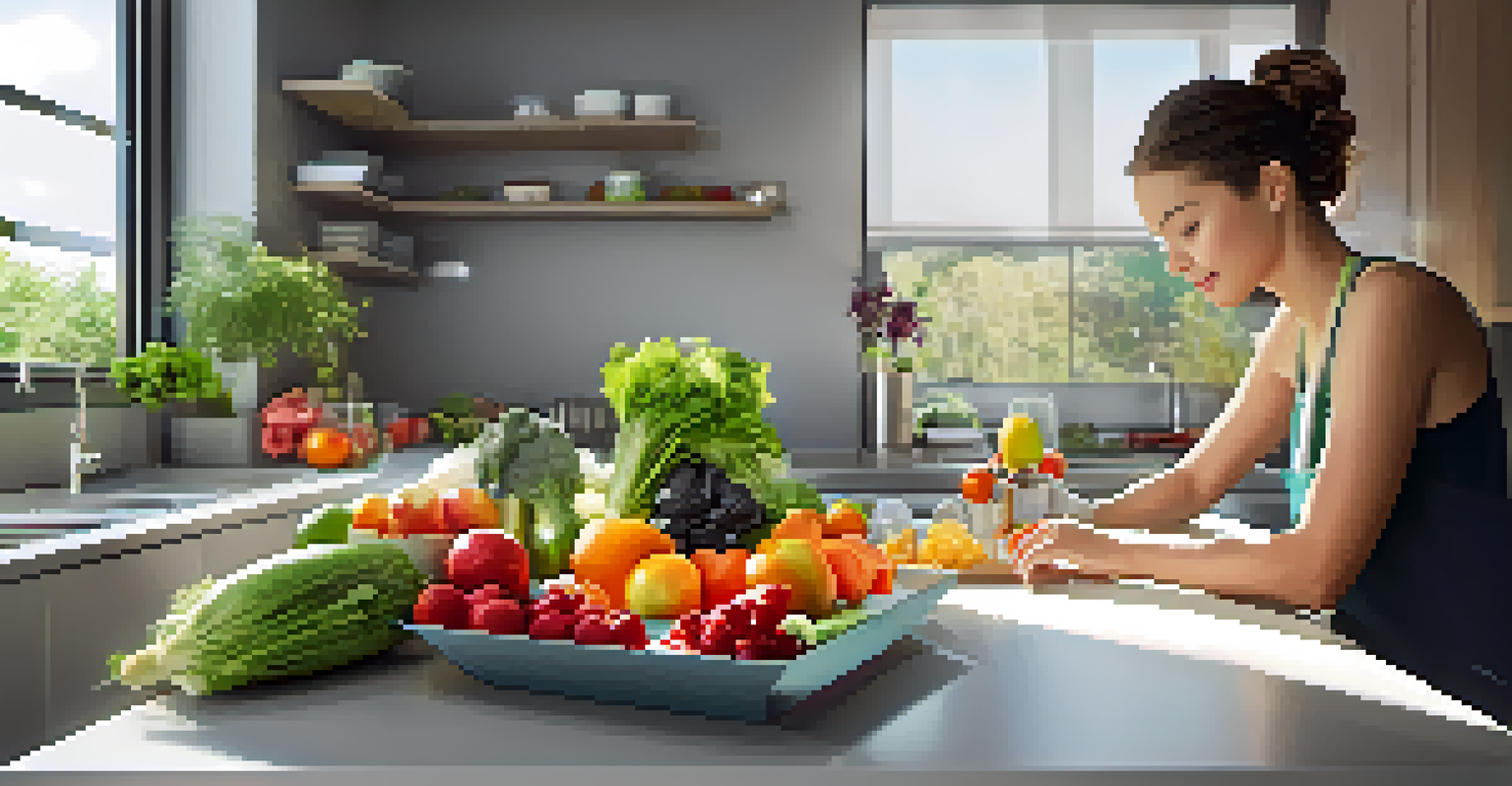 A close-up of a person arranging fresh fruits and vegetables in a modern kitchen, illuminated by sunlight.