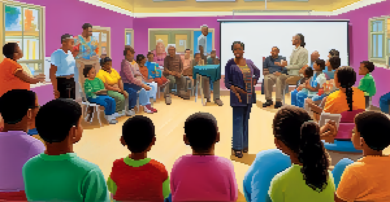 A community workshop on family health history with attendees listening to a presenter and taking notes.