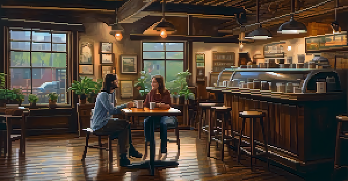 Two friends having a conversation in a cozy coffee shop, surrounded by warm lighting and rustic decor.